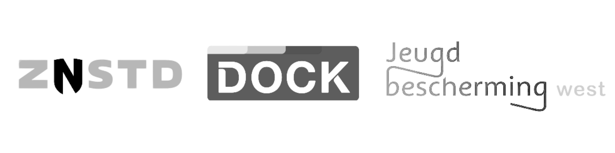 Logo’s van ZNSTD, Dock en Jeugdbescherming West, organisaties die samenwerken met Andy Oppong rondom cultuursensitief werken, inclusie en interculturele communicatie.